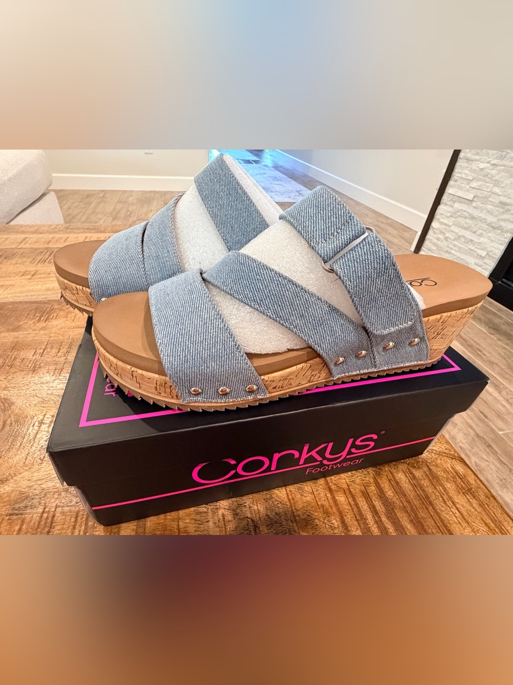 Corkys Light Blue Denim Crisscross Buckle Sandals